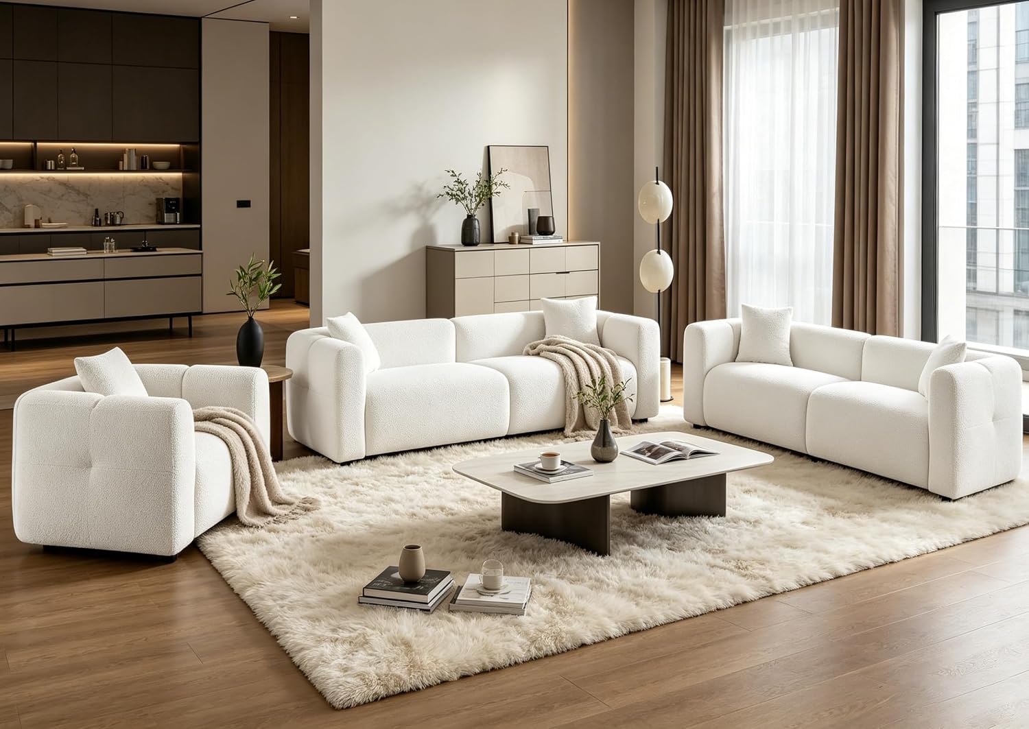 VANOMi Living Room Furniture Sets of 3, Modern Boucle Sofa and Chairs Sets with Single Cozy Oversized Armchair & 2 PC 95' W Large Loveseat Sofa for Living Room, Office, Apartment, White
