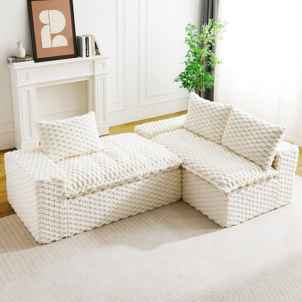 KEIKI 96' L-Shape Modular Boneless Couch with Chaise for Modern Home Bedroom Studio, Sectional Sofa Deep Seat Oversized Loveseat Convertible Bed for Apartment Furniture Lounge Relaxing Corner, White