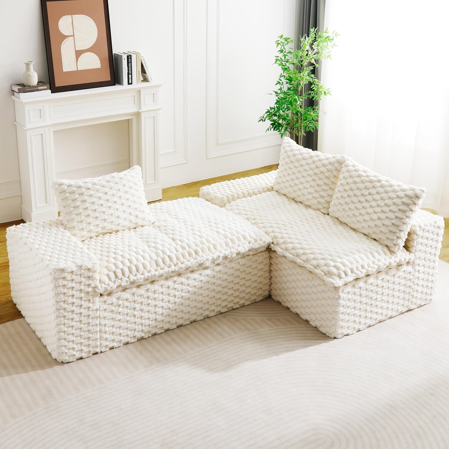 KEIKI 96' L-Shape Modular Boneless Couch with Chaise for Modern Home Bedroom Studio, Sectional Sofa Deep Seat Oversized Loveseat Convertible Bed for Apartment Furniture Lounge Relaxing Corner, White