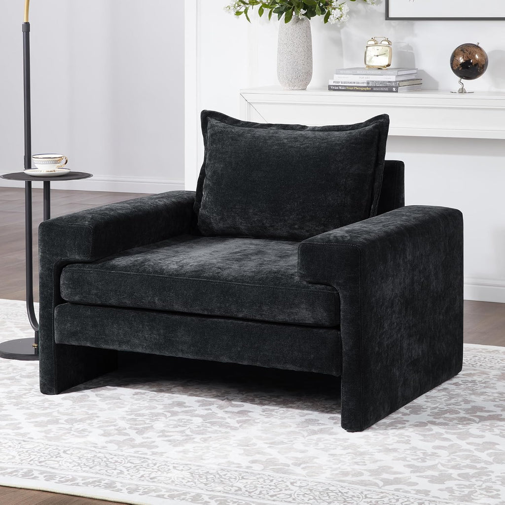 Christopher Knight Home Aylen Modern Chenille Upholstered Accent Chair with Wide Armrests, Wooden Living Room Club Chair, Bedroom Comfy Reading Chair with Back Pillow, Black