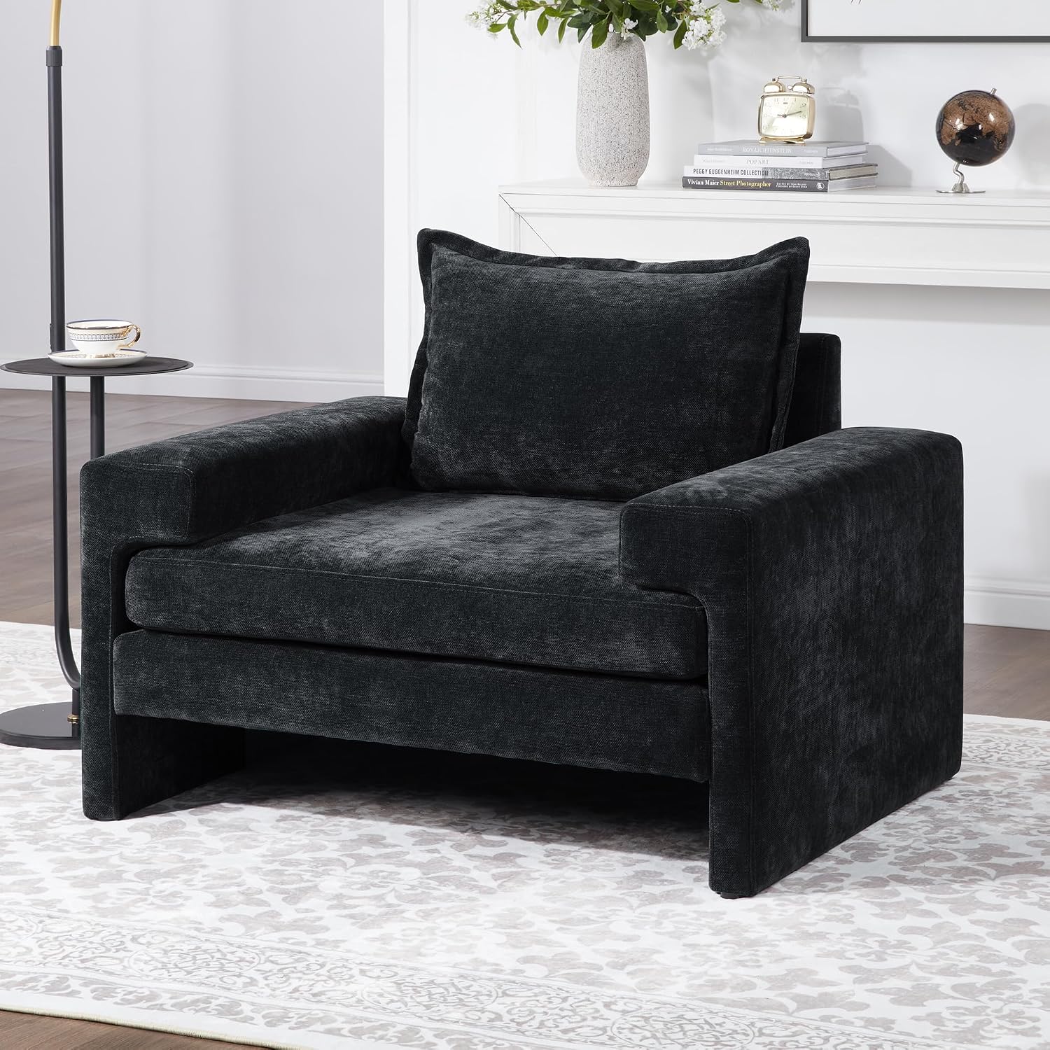 Christopher Knight Home Aylen Modern Chenille Upholstered Accent Chair with Wide Armrests, Wooden Living Room Club Chair, Bedroom Comfy Reading Chair with Back Pillow, Black