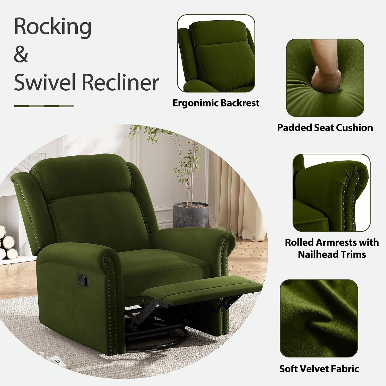 Christopher Knight Home 360° Swivel Recliner, Velvet Rocking Recliner Upholstered Recliner Chair, Rocker with Adjustable Backrest Nailhead Trims, Green