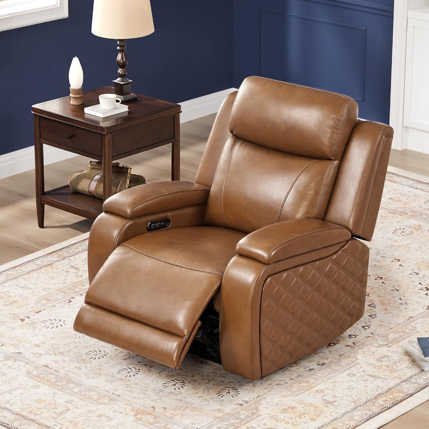 Watson & Whitely Genuine Leather Power Recliner Chairs for Adults, Zero Gravity Recliner with Power Headrest & Hidden Storage, Electric Reclining Sofa Chair for Living Room, Home Office, Saddle Brown