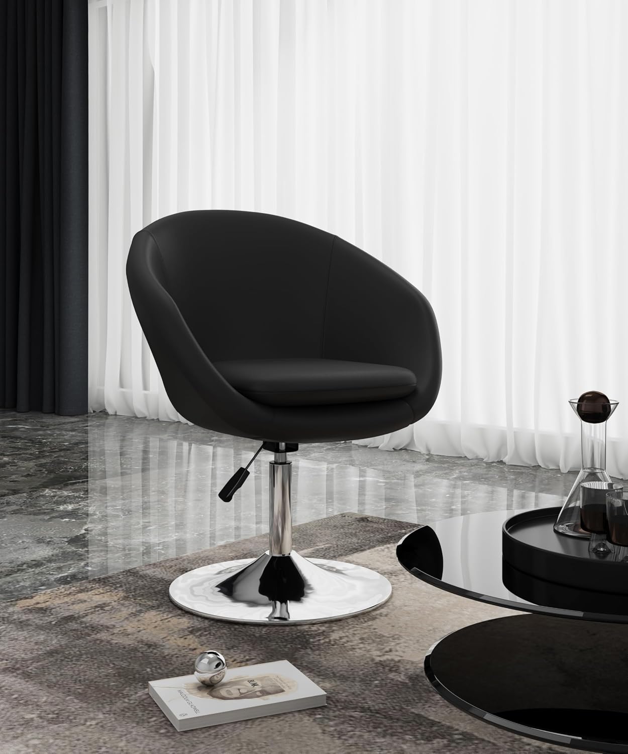 Manhattan Comfort Hopper Adjustable Swivel Accent Chair with 360° Turn, Upholstered Seat, Polished Chrome Base, Modern Bowl Design for Home Office and Living Room, Black