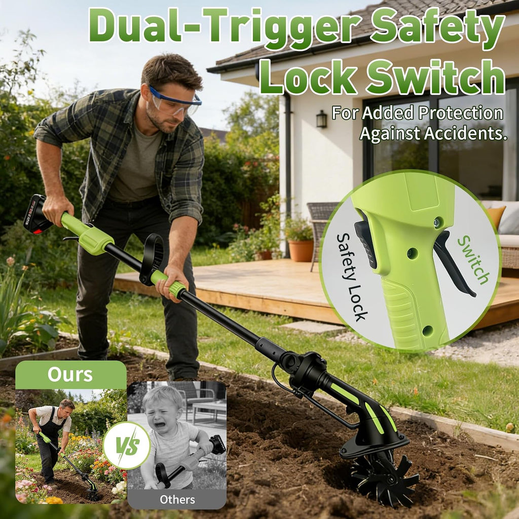 21V 2-in-1 Cordless Mini Tiller Cultivator with 2×4.0Ah Batteries, 235RPM Electric Garden Rototiller, 4' Width & Depth Soil Cultivator with Extension Rod, Lightweight Handheld Tiller for Garden Beds