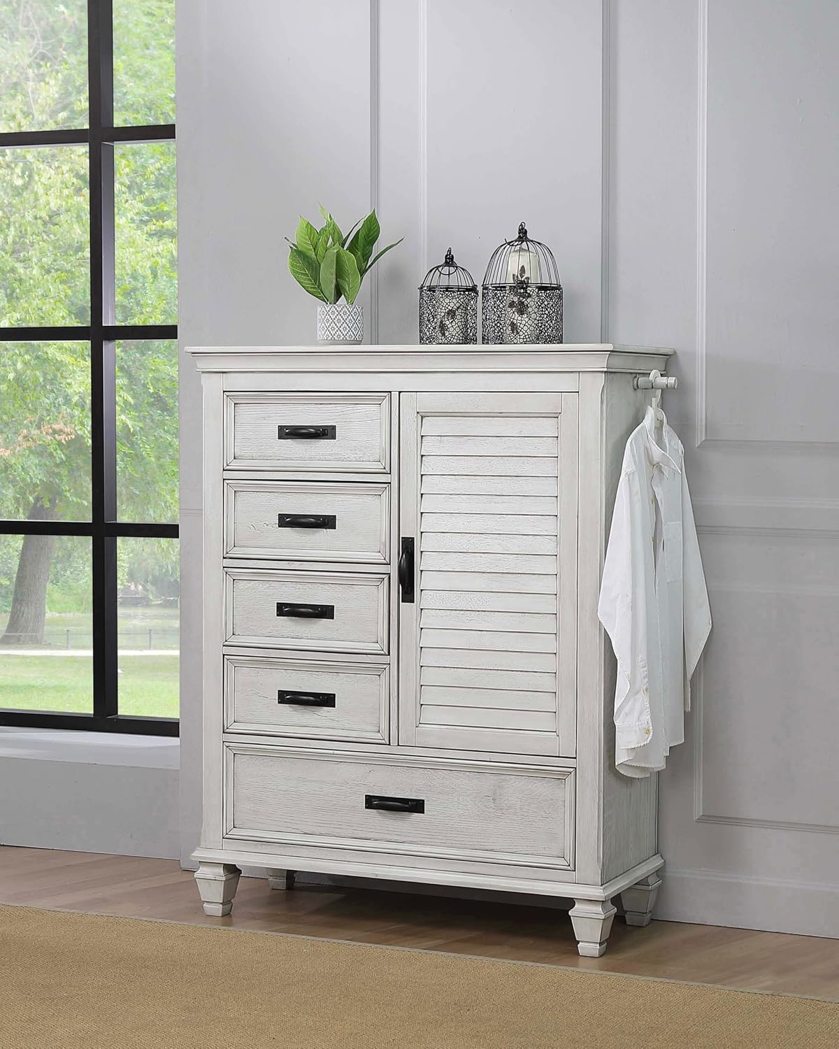 Coaster Home Furnishings - Franco - Wood - 5-Drawer Chest with Louvered Door, Bar Pull Handles and Soft-Closing Drawers - Farmhouse - Bedroom - Distressed White - 205338
