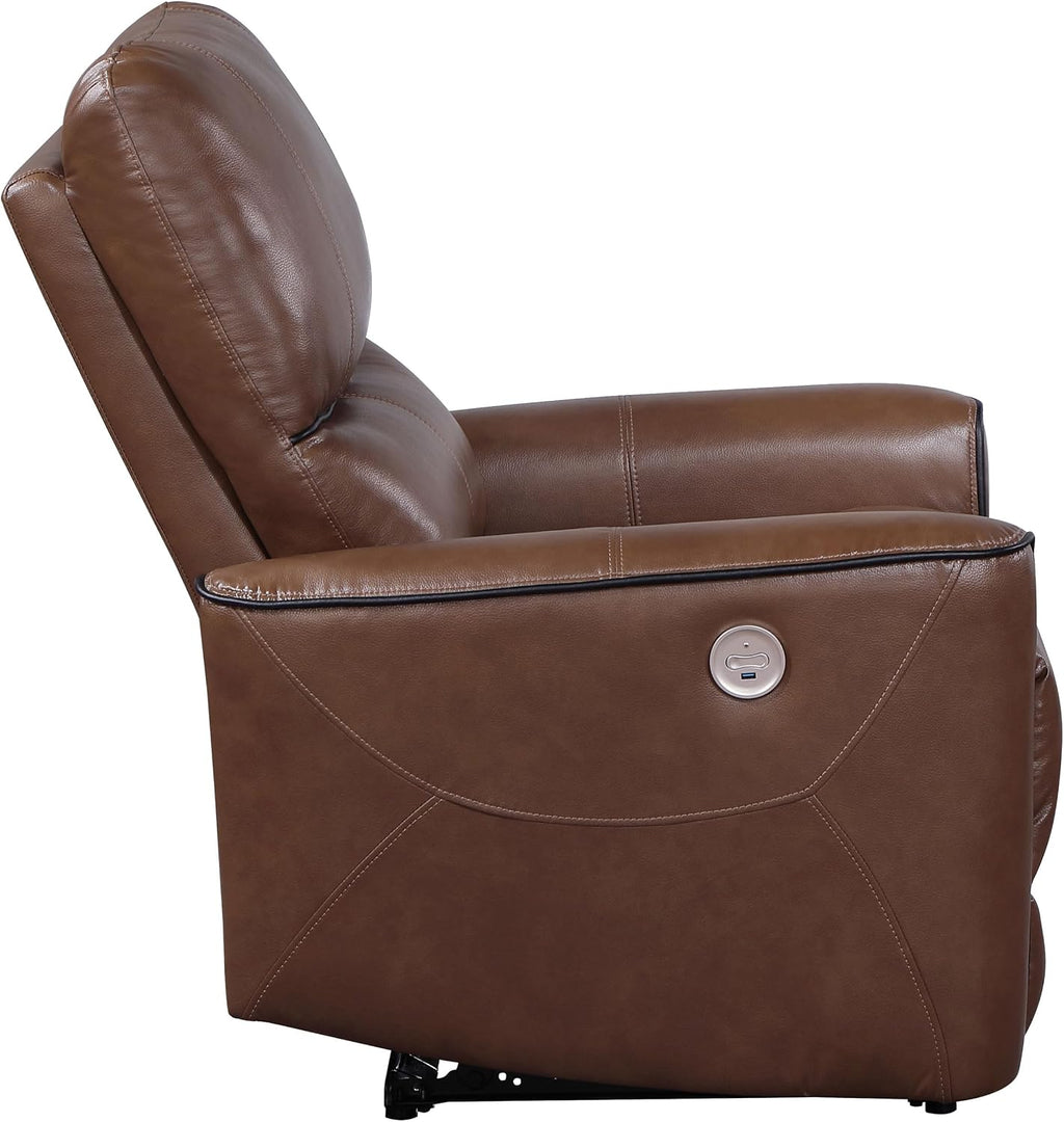 Coaster Home Furnishings - Greenfield - Faux Leather Upholstered Power Recliner Chair with Power Reclining, USB Port, and Channel Tufting - Living Room - Saddle Brown - 610266P