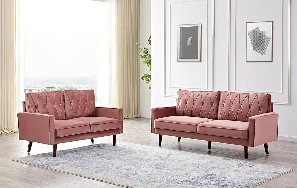 Container Furniture Modern Style Tufted Velvet Couches for Living Room with Soft Fabric Upholstery and Solid Wood Frame, 2 Piece Sofa and Loveseat Set, Rose