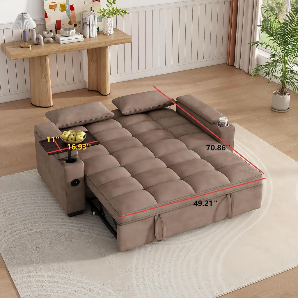 KEIKI 65' 3-in-1 Pull-Out Sofa Bed, Compact Convertible Sleeper Couch with Rotating Side Table, USB Charging Ports, Storage Armrests & Adjustable Comfort for Guests & Small Living Rooms