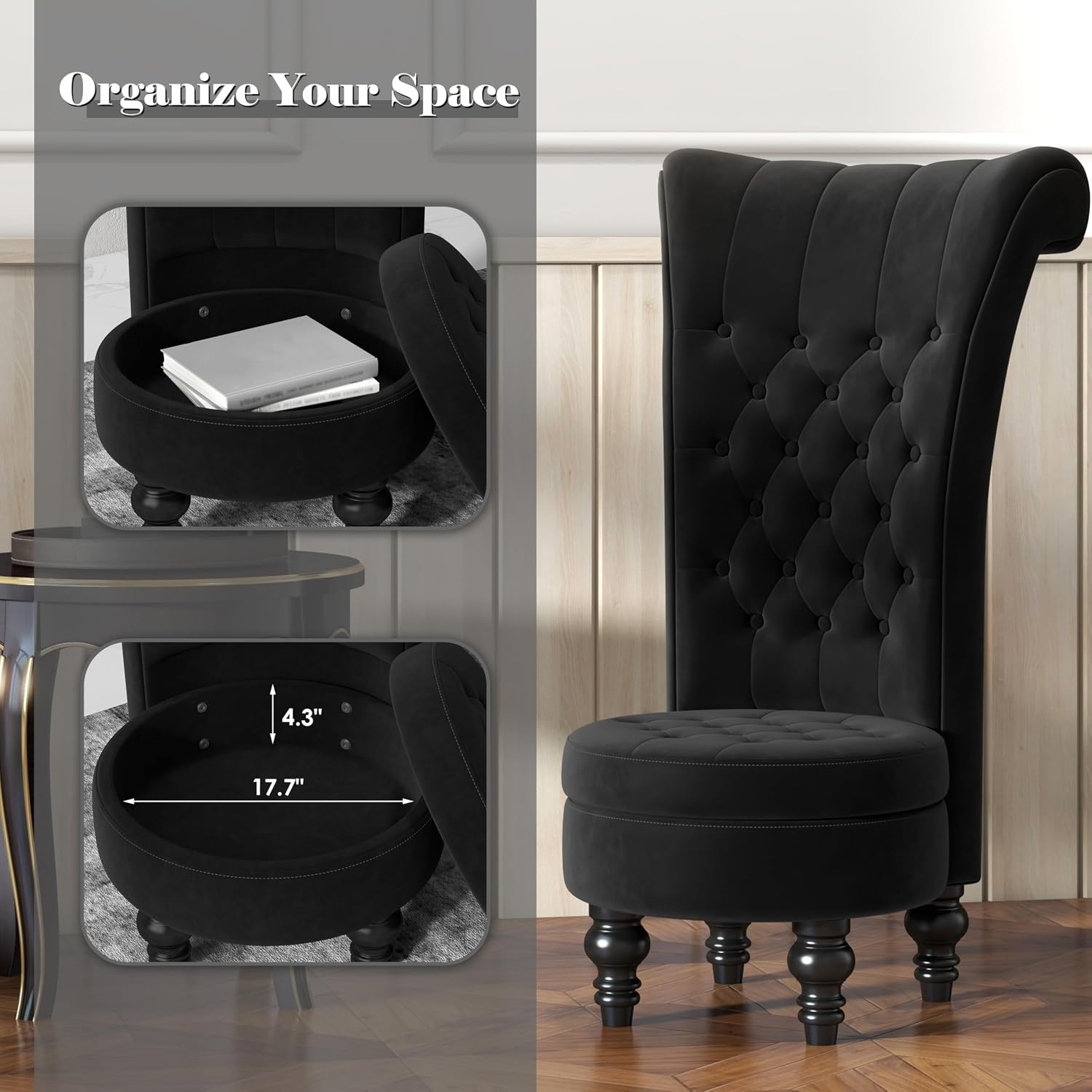 MU Retro High Back Armless Chair, Velvet Royal Furniture Chair, Upholstered Tufted Accent Seat for Living Room, Dressing Room, Bedroom, Black
