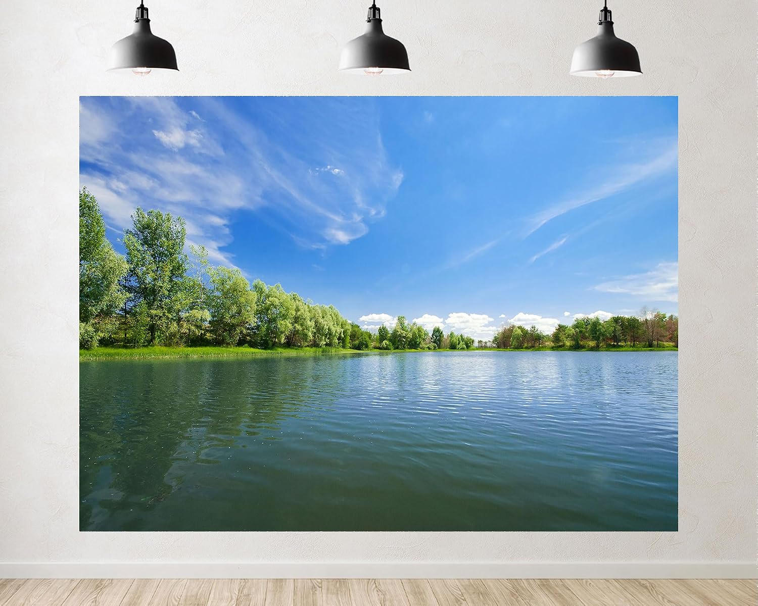 Trykid 20x10ft Serene Lake View Backdrop Calm Water Lush Trees Blue Sky Landscape Photography Background Camping Trip Tapestry Party Decoration Photo Studio Prop Fabric