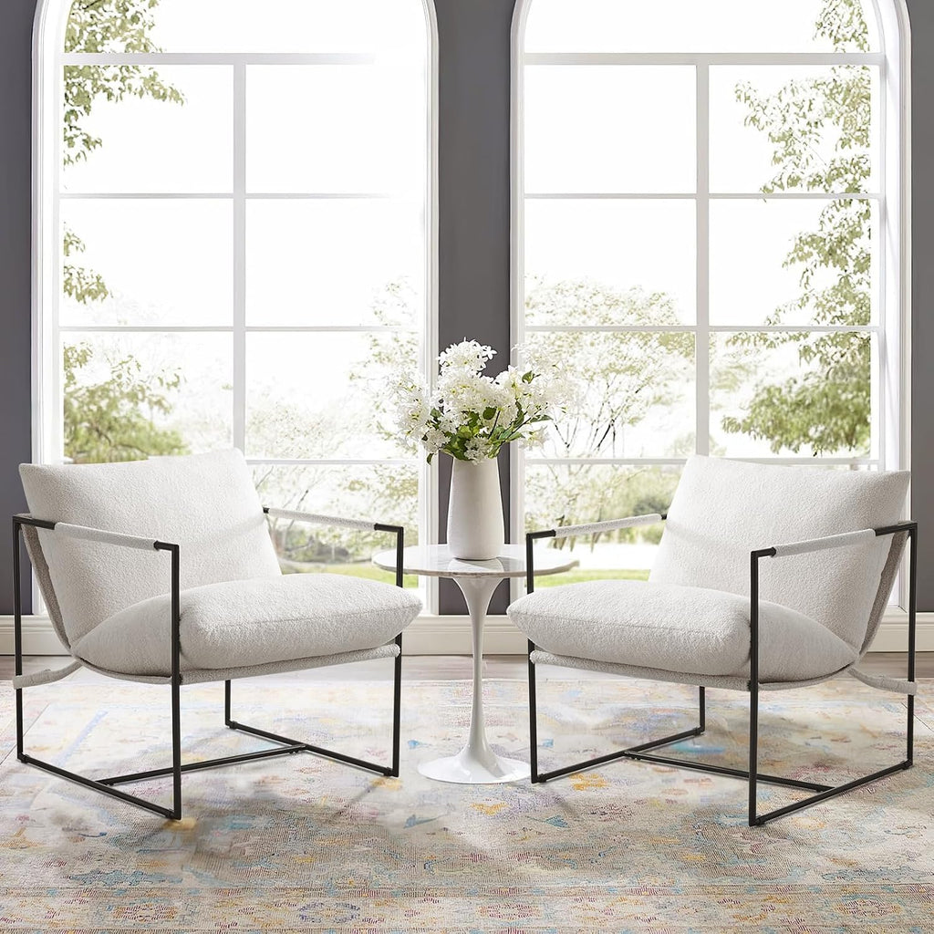 Furnilivng Large Sling Accent Chairs Set of 2, Comfortable Boucle Fabric Arm Chair, Upholstered Cozy Reading Chair for Living Room, Bedroom, Dressing Room, Home Office, White