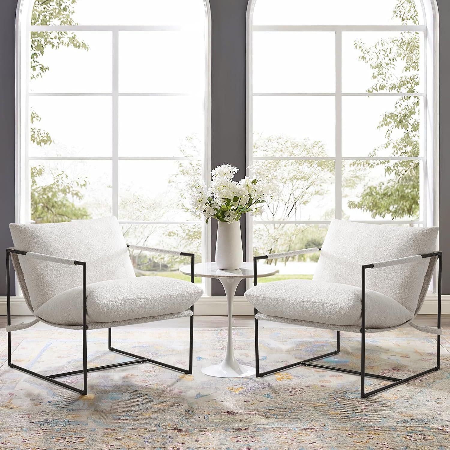 Furnilivng Large Sling Accent Chairs Set of 2, Comfortable Boucle Fabric Arm Chair, Upholstered Cozy Reading Chair for Living Room, Bedroom, Dressing Room, Home Office, White