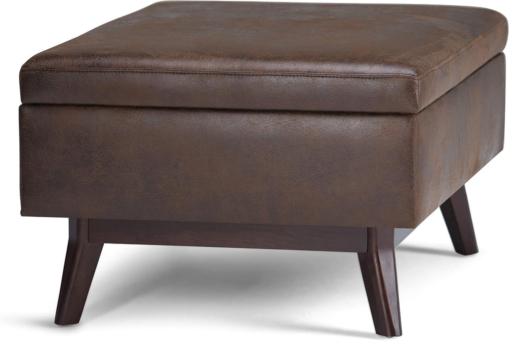 SIMPLIHOME Owen Coffee Table Storage Ottoman - 34' Wide x 19' High Upholstered Vegan Leather Rectangular Lift-Top Ottoman in Distressed Chestnut Brown, Mid-Century Modern Bench with Tapered Legs