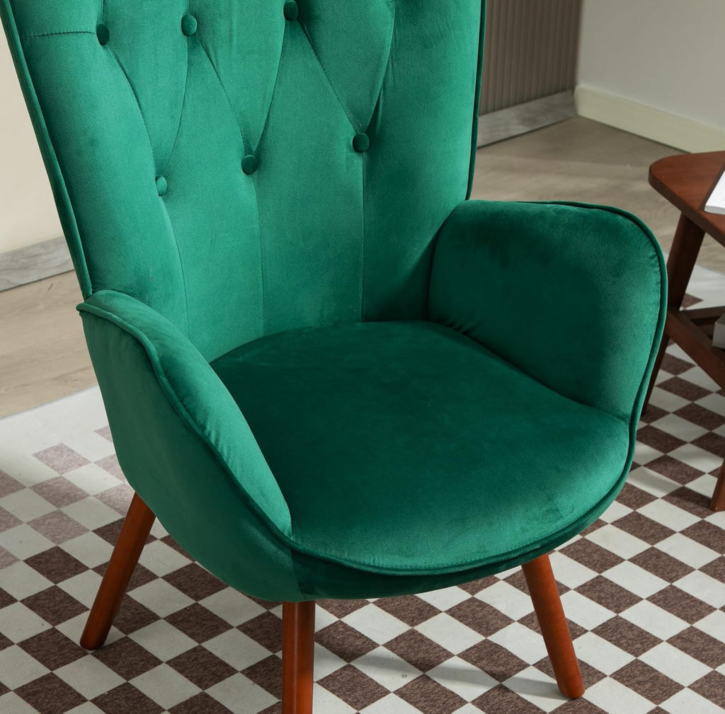 Container Furniture Direct Chic Accent Arm Chairs for Living Room, Bedroom, or Home Office, Button-Tufted Midcentury Armchair with Wingback Design and Splayed Legs, Green