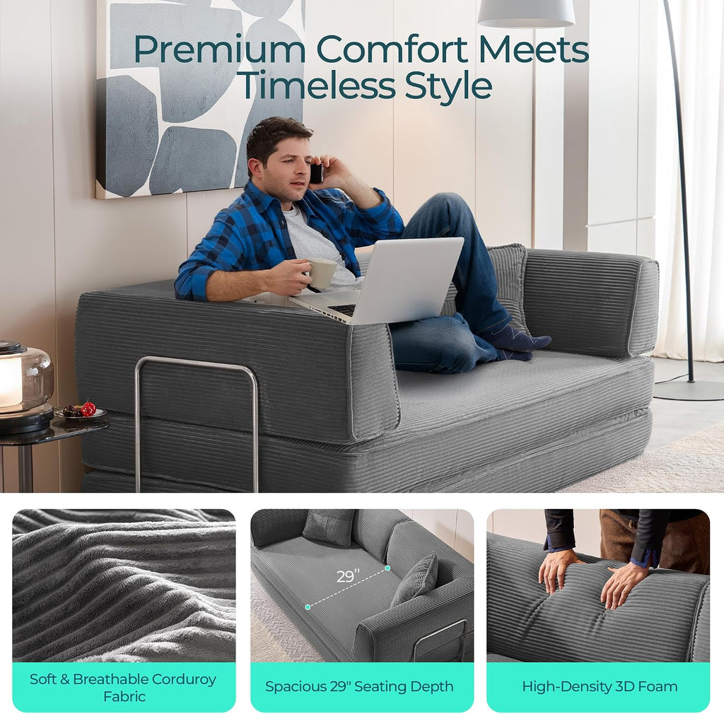 LINSY HOME Sofa Bed Couch - Convertible Boneless Couch Bed with 2 Pillow (Grey) | Folding Sofa Bed
