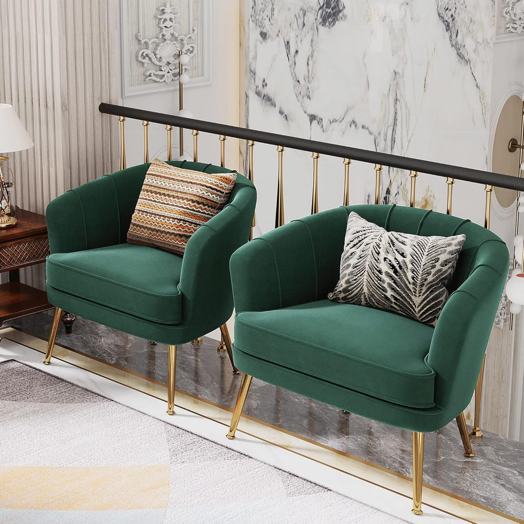 Andeworld Velvet Accent Chair Set of 2, Upholstered Modern Single Sofa Side Chair,Comfy Barrel Club Living Room Armchair with Golden Metal Legs for Bedroom Living Reading Room Office, Green
