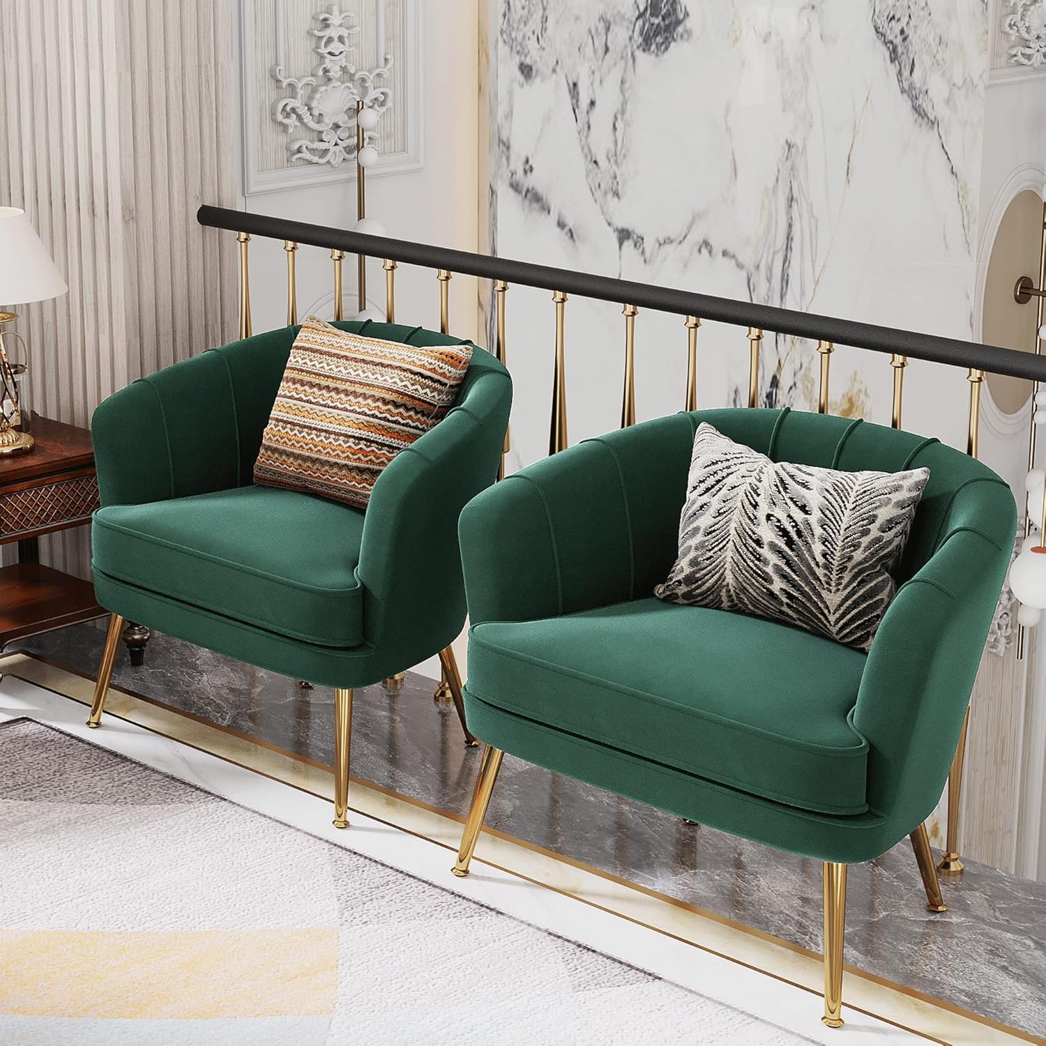 Andeworld Velvet Accent Chair Set of 2, Upholstered Modern Single Sofa Side Chair,Comfy Barrel Club Living Room Armchair with Golden Metal Legs for Bedroom Living Reading Room Office, Green