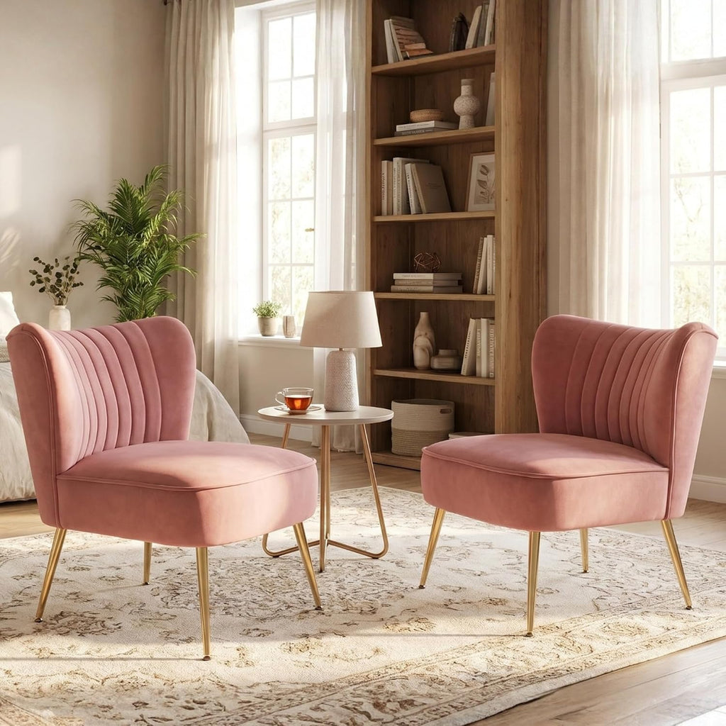 Velvet Accent Chairs Set of 2 Comfy Living Room Chair Armless Slipper Chair Mid Century Side Single Sofa Chair with Golden Legs Wingback for Bedroom Guest Room, Pink