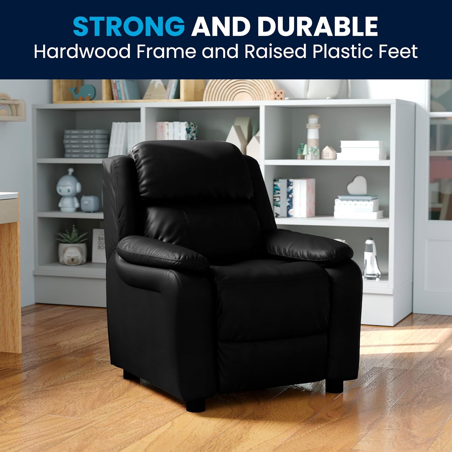 Flash Furniture Charlie LeatherSoft Kids Recliner with Flip-Up Storage Arms and Safety Recline, Contemporary Reclining Chair for Kids, Supports up to 90 lbs., Black