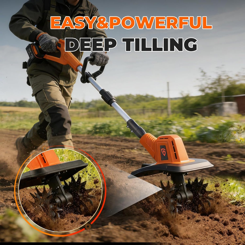 Cordless Electric Tiller Cultivator, 21V Battery Powered Garden Tiller with 2×4.0Ah Batteries, 9″ Tilling Width & 6.6″ Depth, 360RPM 48 Rust-Resistant Blades for Soil & Gardening