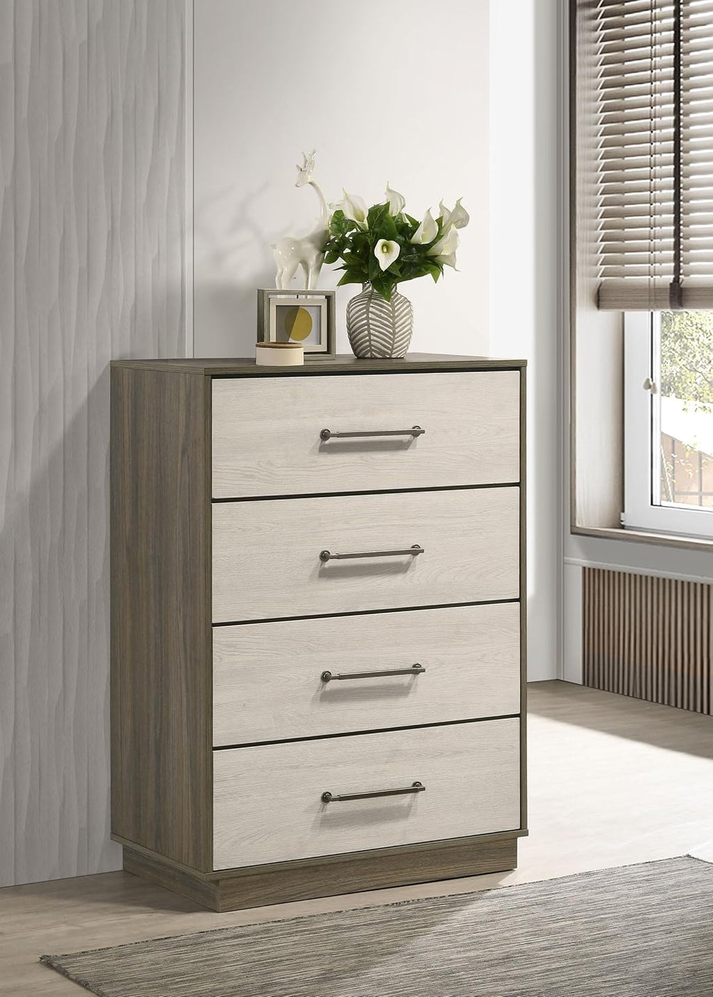Coaster Home Furnishings - Fenwick - Melamine - 4-Drawer Chest with Antique Nickel Handles, Metal Extension Glides and Floating Base - Contemporary - Bedroom - Grey Oak - 224985