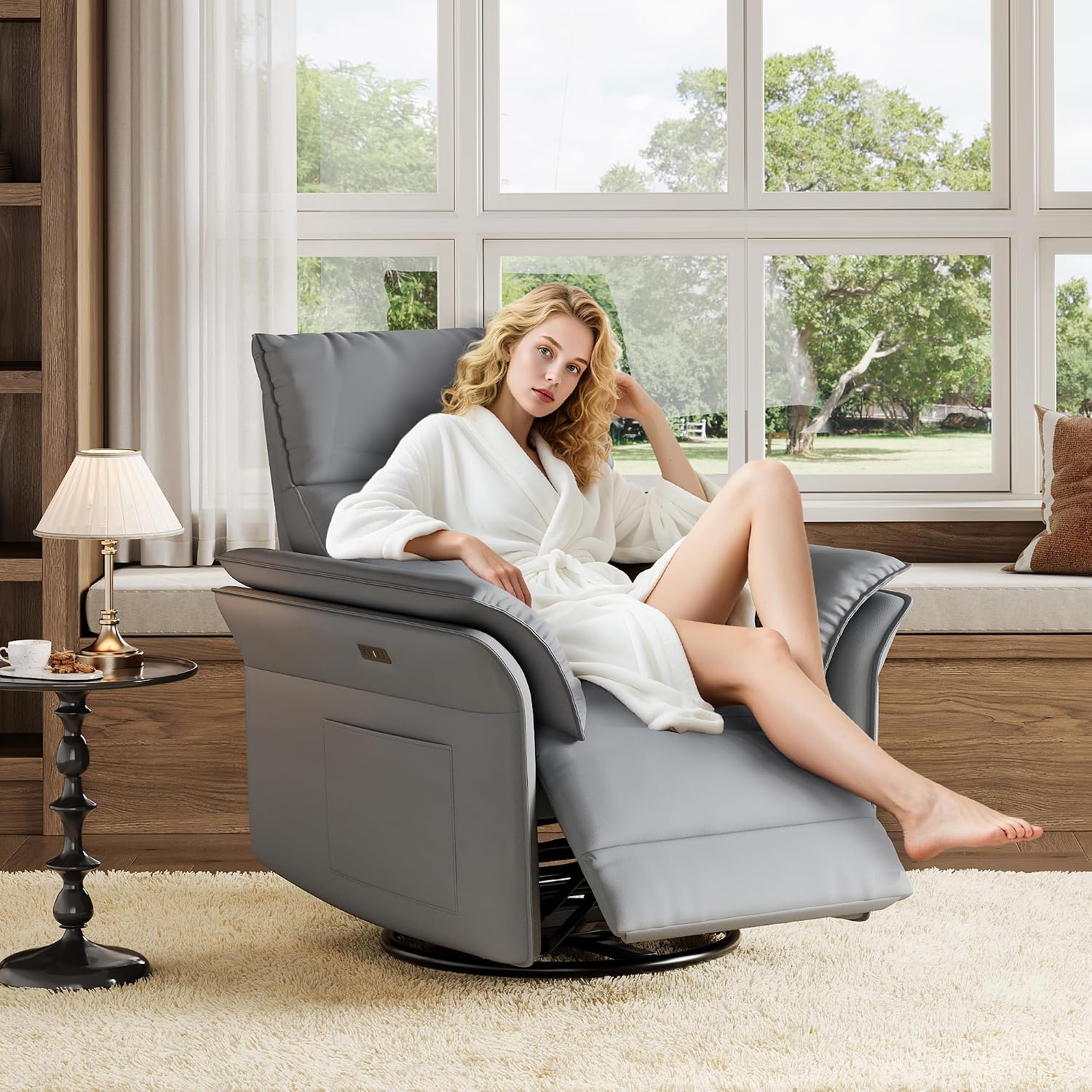 GarveeHome Power Recliner Chair with Side Pockets, 270° Swivel & Glider, USB Charging Port, PU Leather, Thickened Dual-Layer Armrests, Modern Recliner for Living Room, Bedroom (Silver)