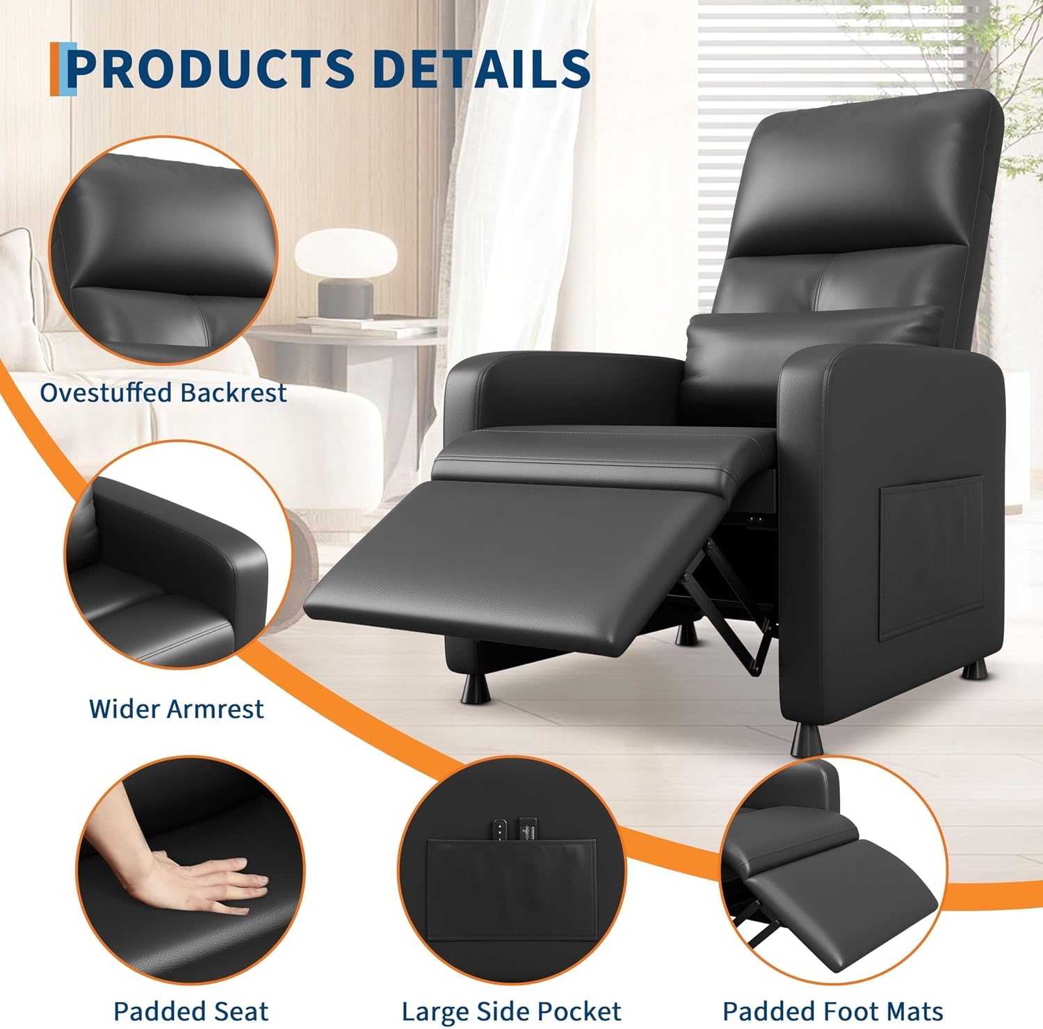Ergonomic Power Recliner Chair, Electric Recliner, Tall Back, Overstuffed PU, Side Pockets,Recliner for Living Room, Home Theater & Game Rooms