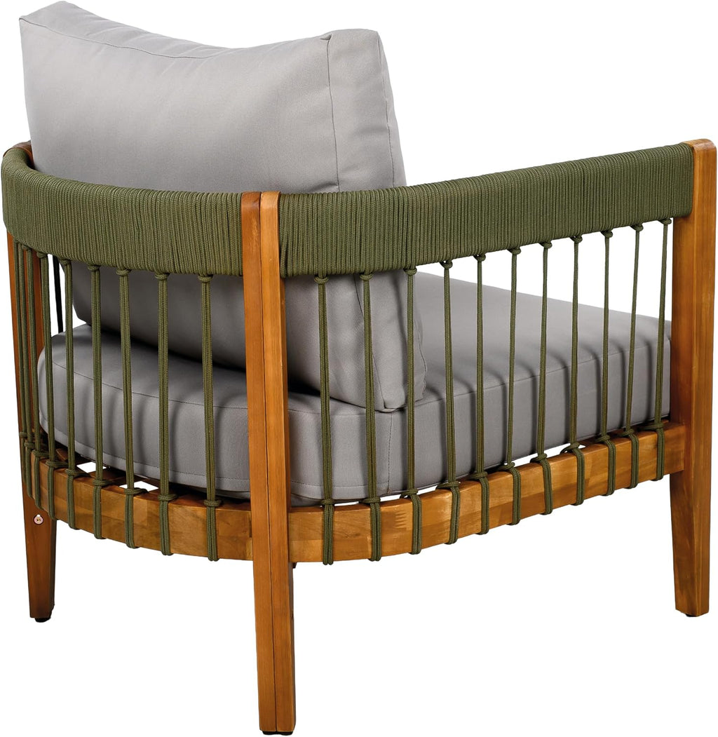 Christopher Knight Home Vinny Outdoor Club Chairs Set of 2, Acacia Wood Accent Chair, Comfort Seating Reading Sofa, Handwoven Rope Armchair with Removable Cushions for Garden Backyard, Green+Gray