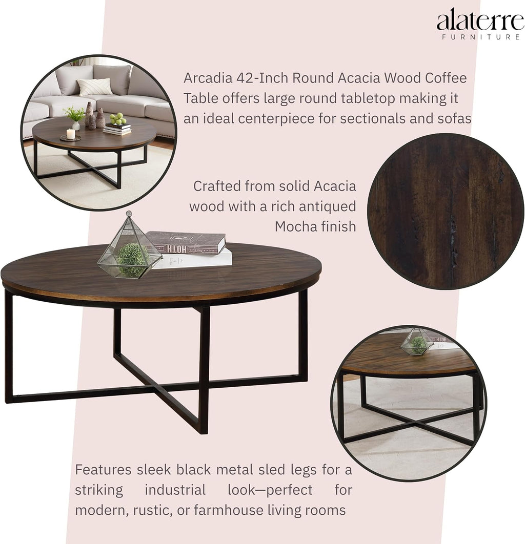 Arcadia 42-Inch Round Acacia Wood Coffee Table – Industrial Living Room Table with Antiqued Mocha Finish and Metal Sled Legs – Ideal Centerpiece for Sectionals and Sofas by Alaterre Furniture