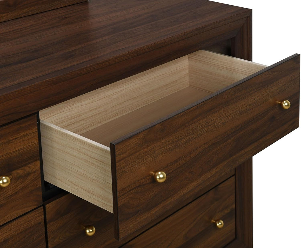 Coaster Home Furnishings - Welsley - Engineered Wood - 6-Drawer Dresser with Gold Round Knobs, Block Legs, Mitered Trim, Transitional Style - Bedroom - Walnut - 223443