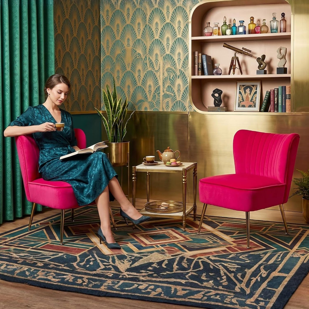 Velvet Accent Chair Set of 2 Comfy Living Room Chair Armless Slipper Chair Mid Century Side Single Sofa Chair with Golden Legs Wingback for Bedroom Guest Room, Hot Pink