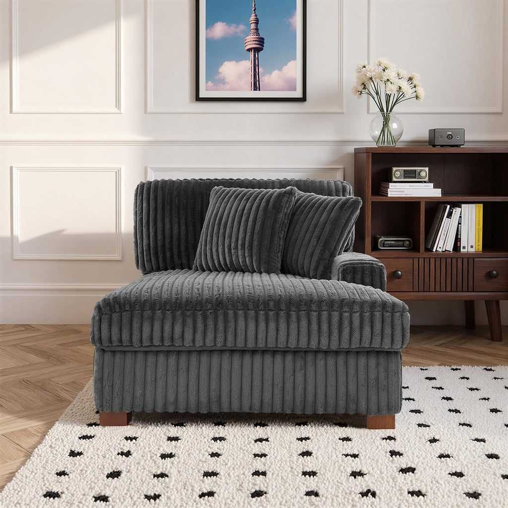 65' Chaise Lounge Chair Indoor, Oversized Upholstered Recliner Sofa Bed for Living Room, Fluffy Plush Faux Fur Cloud Sofa Sleeper Couch Bedroom Reading Seat - Gray, Left Armrest