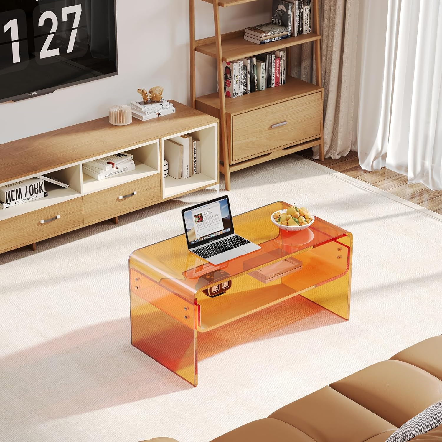Acrylic Coffee Table, Orange Rectangle Side Table Furniture, Modern Tea Table with Open Storage for Living Room, Office Reception and Bedroom
