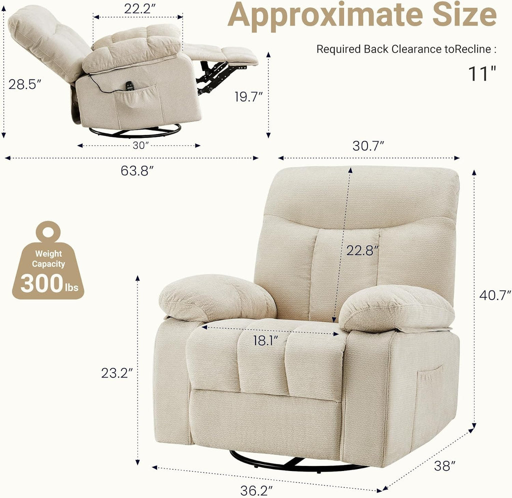 Rocker Swivel Recliner Chair for Adults, Single Reclining Sofa Chair with Heated and Full Body Massage, Lounge Recliner Glider for Small Living Room, Bedroom, Beige