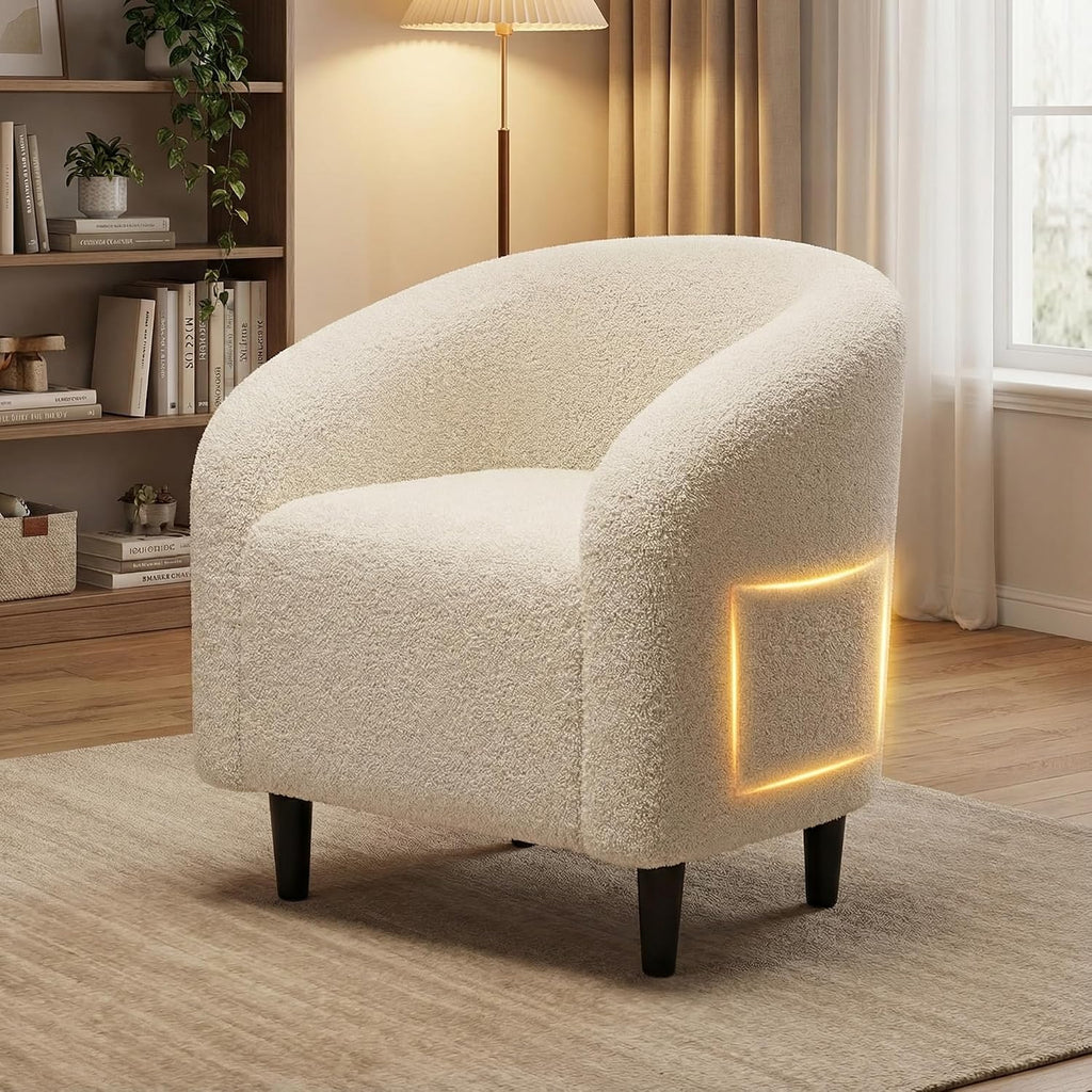 Modern Accent Barrel Chair, Comfy Teddy Fabric Club Armchair with Side Pocket, Easy Assembly Living Room Corner Chair for Bedroom, Office, Reception Space