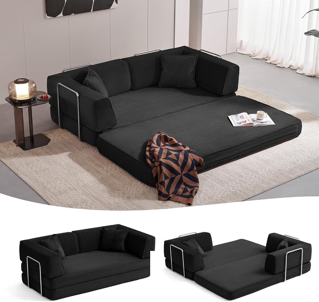 LINSY HOME Sofa Bed Couch - Convertible Boneless Couch Bed with 2 Pillow (Black) | Folding Sofa Bed