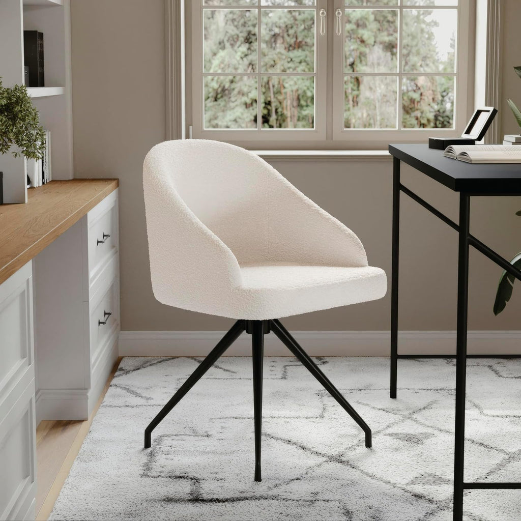 Martha Stewart Sora Stationary Swivel Task Chair with Sloped Arms for Home Office in White Boucle with Oil Rubbed Bronze Frame