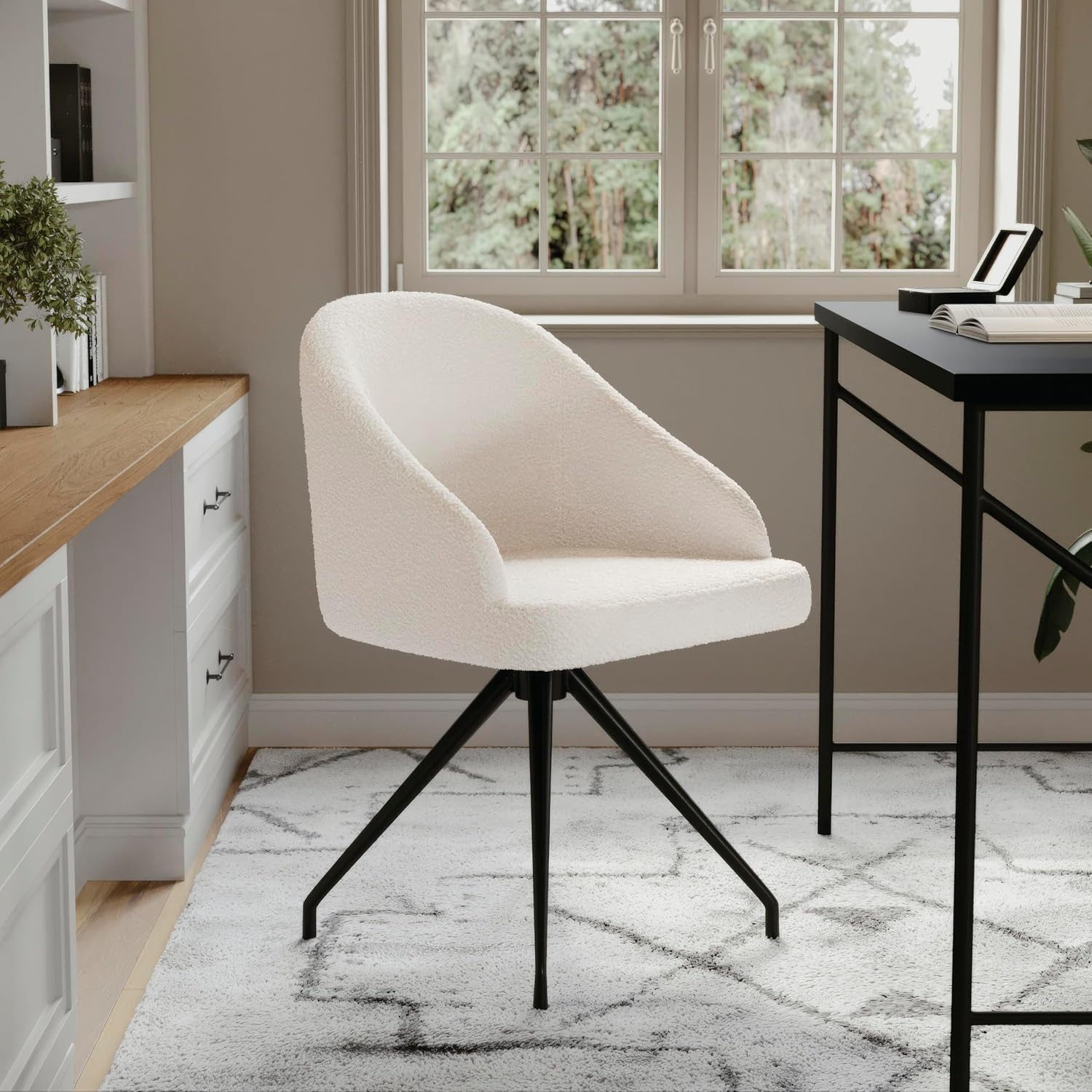 Martha Stewart Sora Stationary Swivel Task Chair with Sloped Arms for Home Office in White Boucle with Oil Rubbed Bronze Frame