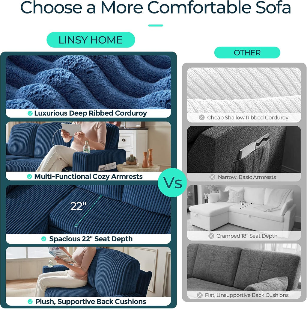 LINSY HOME Loveseat Sofa with Storage, Plush Corduroy Love Seat Couch Sectional Couches for Small Space Living Room Apartment Bedroom (Blue)