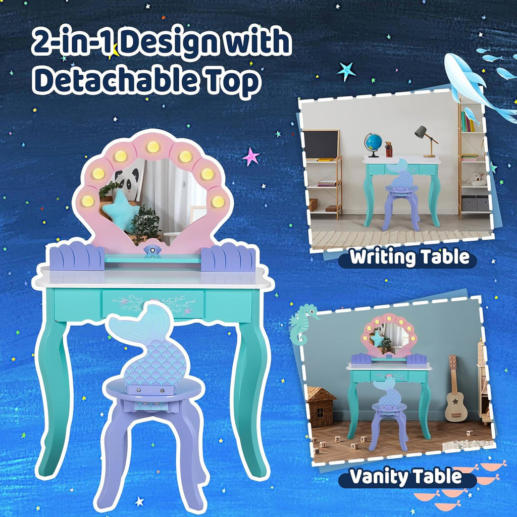 BRINJOY Kids Vanity with Lights, Wooden Princess Vanity for Girls, 2 in 1 Ocean Theme Toddler Dressing Table and Chair Set, Little Girl Makeup Vanity with Mirror for Children Birthday