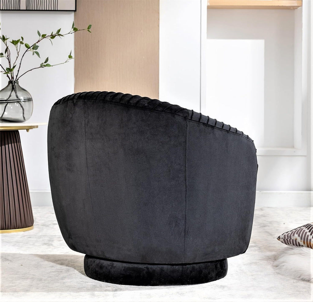 Container Furniture Direct Modern Barrel Swivel Chair with Plush Velvet Upholstery and Smooth 360° Rotation, Round Accent One-Seater Sofa for Living Room, Bedroom, and Office, Black