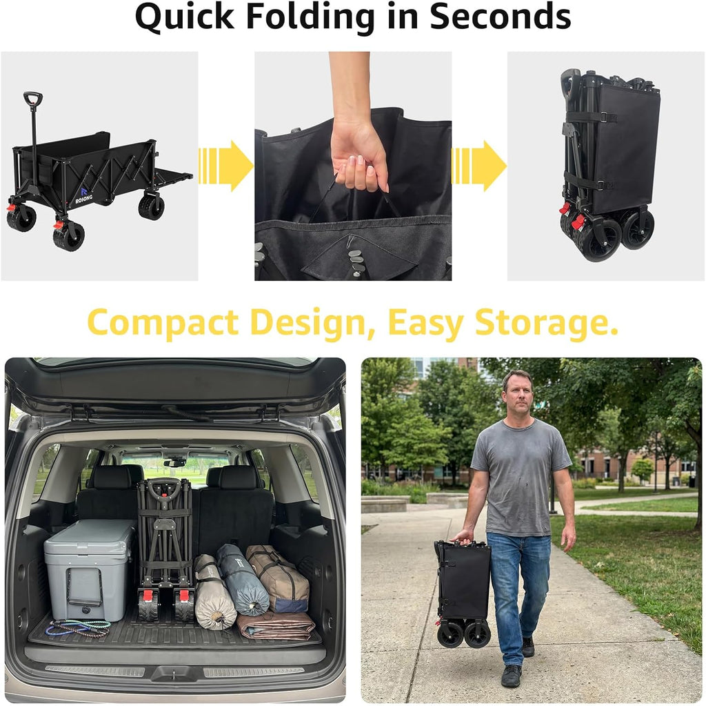 220L Folding Wagon with Detachable 14 Gallon Cooler Bag, Extra Large All-Terrain Heavy Duty Collapsible Beach Wagon Cart with Big Wheels, Foldable Utility Cart for Camping, Tailgate
