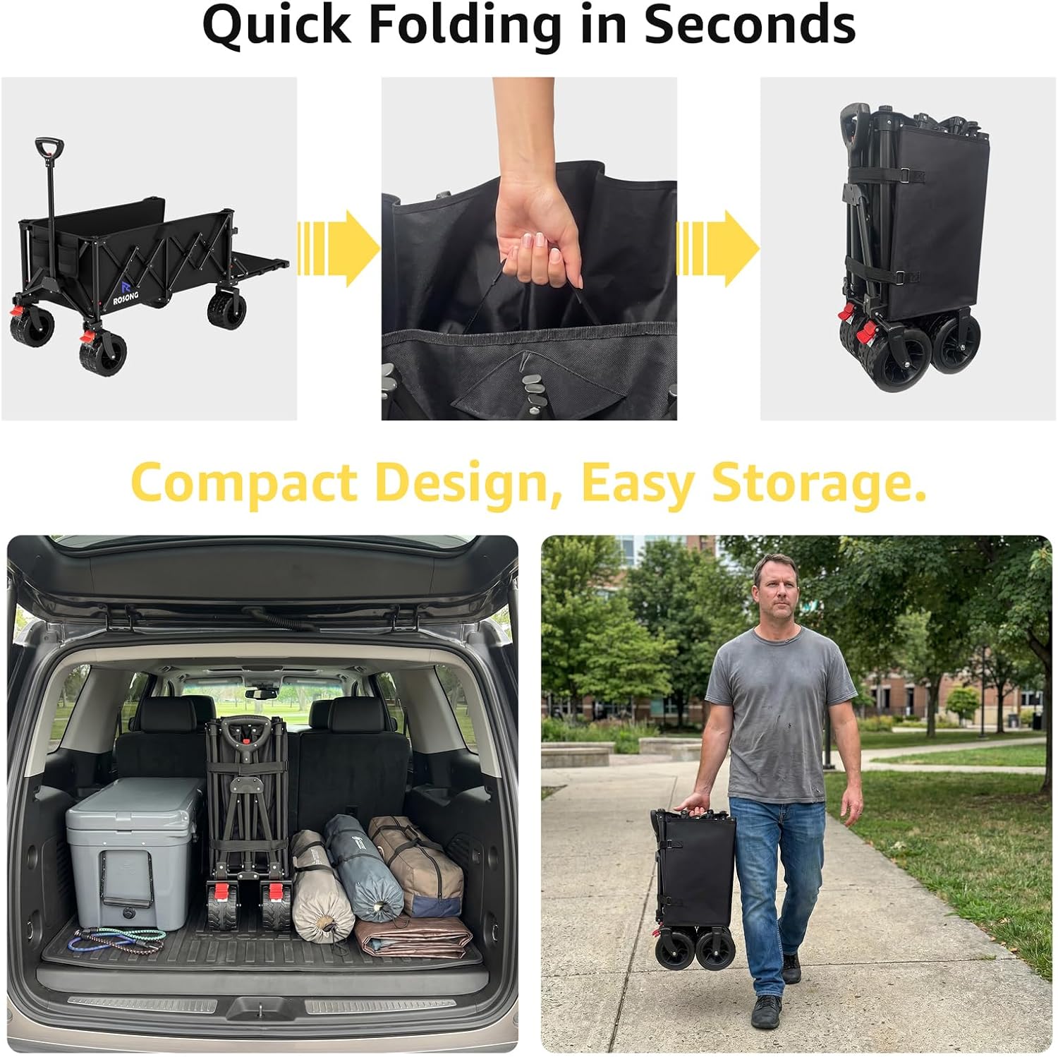 220L Folding Wagon with Detachable 14 Gallon Cooler Bag, Extra Large All-Terrain Heavy Duty Collapsible Beach Wagon Cart with Big Wheels, Foldable Utility Cart for Camping, Tailgate