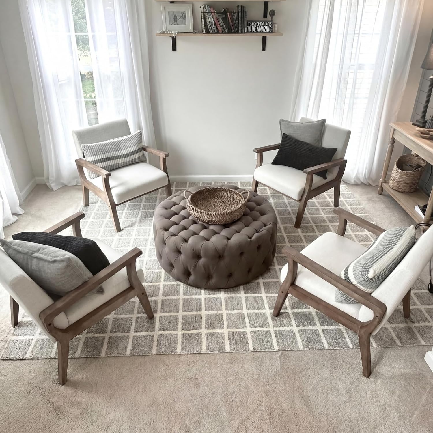 BESTANO Mid Century Modern Accent Chair Set of 2, Linen Upholstered Living Room Accent Armchair with Wood Frame, Farmhouse Chair for Living Room Bedroom, Ivory