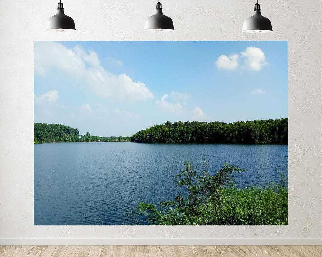 Trykid 20x10ft Tranquil Lake Forest Backdrop Blue Green Water Nature Photography Background Travel Vlog Camping Trip Wildlife Documentary Tapestry Party Decoration Photo Studio Prop Fabric