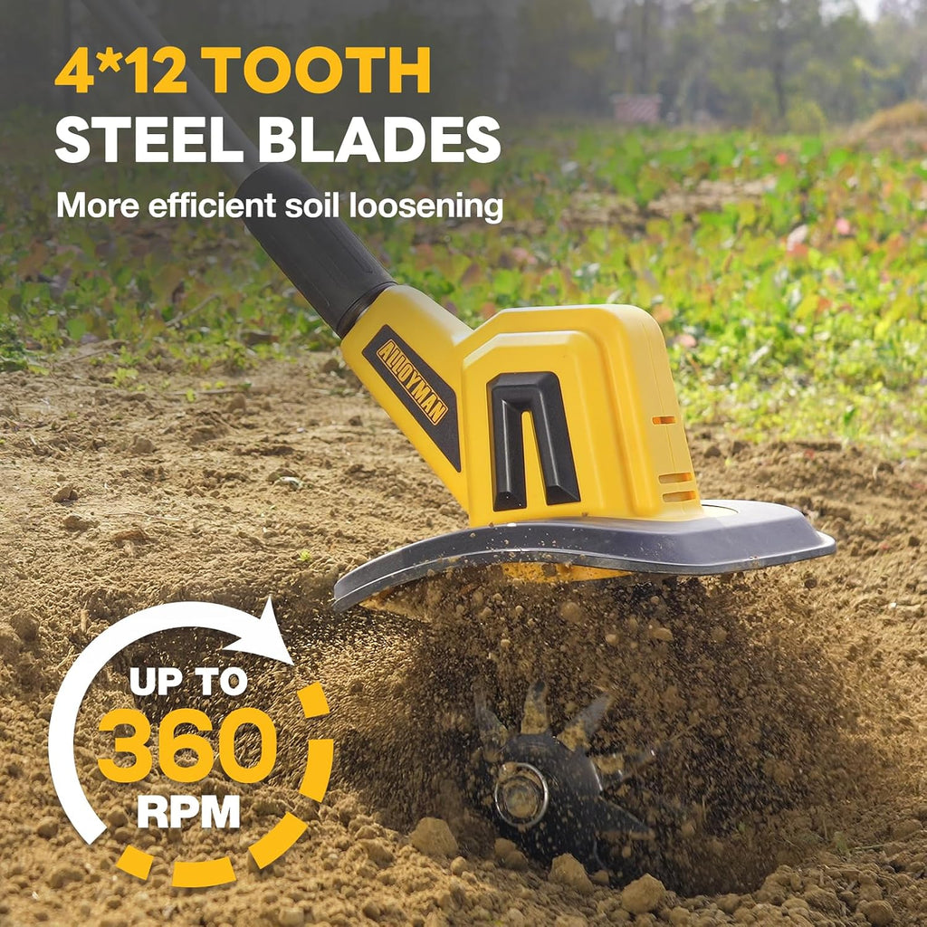 Alloyman 20V Cordless Tiller Cultivator, 360RPM Electric Garden Tiller, with 2 * 4.0Ah Batteries & Charger, 9In Tilling Width and 6.6In Depth Garden Rototiller for Lawn/Gardening/Soil Cultivation
