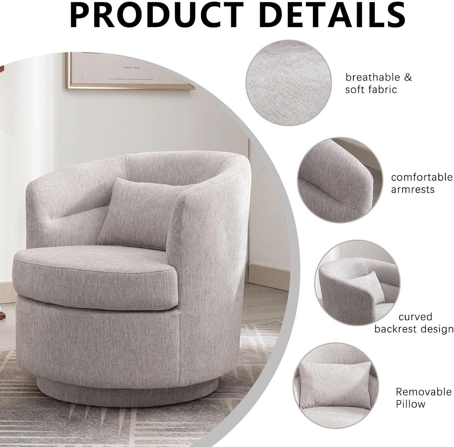 CANMOV Swivel Accent Chair, 360 Degree Round Swivel Barrel Chair with Pillow, Upholstered Comfy Barrel Armchair Single Club Sofa Chair for Living Room,Bedroom, Reading Room, Grey