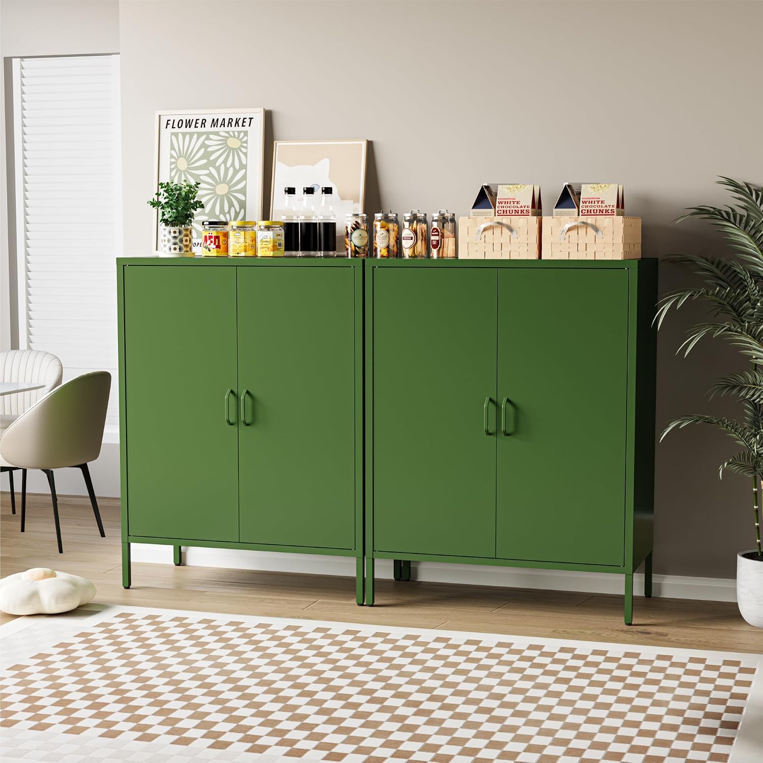 COFaR Forest Green Metal Cabinet, 40' Kitchen Pantry & Coffee Bar Cabinet, 3-Tier Adjustable Shelf Organizer with Magnetic Doors, Rustic Modern Sideboard for Dining Room, Home Office