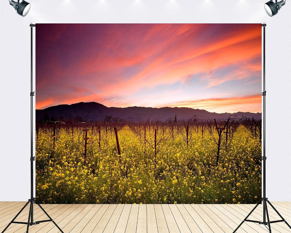 Trykid 20x10ft Vineyard Sunset Photography Backdrop Yellow Wildflowers Grapevines Orange Pink Sky Mountains for Outdoor Camping Wedding Party Decoration Tapestry Photo Studio Prop Fabric